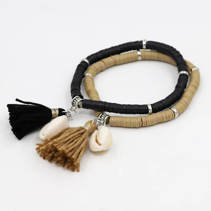 Handgemachte Schmuck Boho Armbänder für Frauen Mode Bunte Polymer Clay Perlen Shell Quaste Armband Geschenke für Weibliche Mädchen Festival Outfits | Techno Shirts | Rave Clothing
