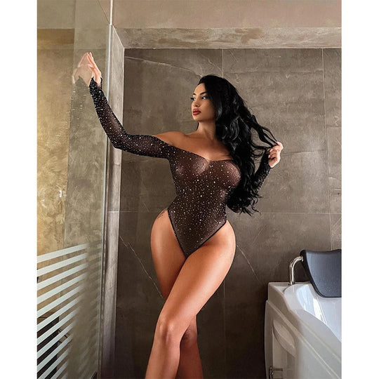 Frauen Strass Glitter Body Hohe Netzstrumpfhose Erotische Dessous Y2k Sexy Tops Einteilige Dessous Erotische Körper Rave Outfits Festival Outfits | Techno Shirts | Rave Clothing
