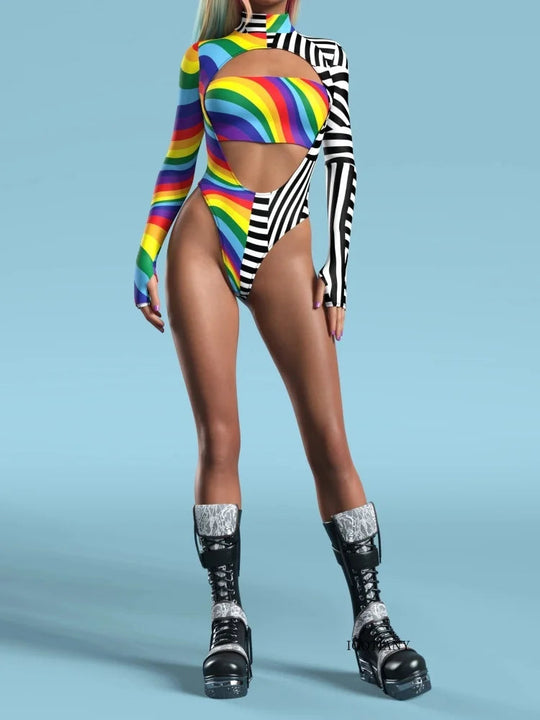 Halloween Fashion Sexy Slim Fit Women Sexy Swimsuit Fabric Comfortable Trend Rainbow Color Printed Swimsuit Role Playing Costume Festival Outfits | Techno Shirts | Rave Clothing