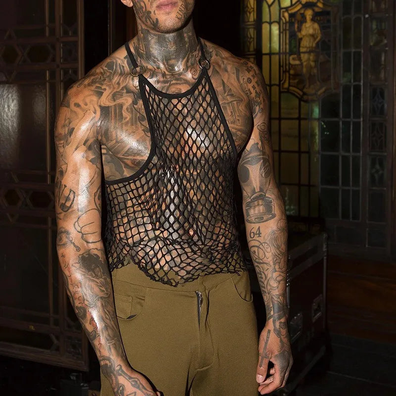 Men's Leather Stitching Net Shirt Motorcycle Leather Vest Top Sexy See-through Hooded Vest Muscular Men Fitness Vest Tank Top Me Festival Outfits | Techno Shirts | Rave Clothing