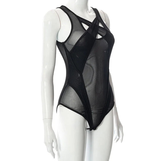 2024 neue durchsichtige Mesh aushöhlen Bodysuit Frauen Sommer lila Patchwork Bodys sexy Bade bekleidung Frauen Festival Outfit Korsett Top Festival Outfits | Techno Shirts | Rave Clothing