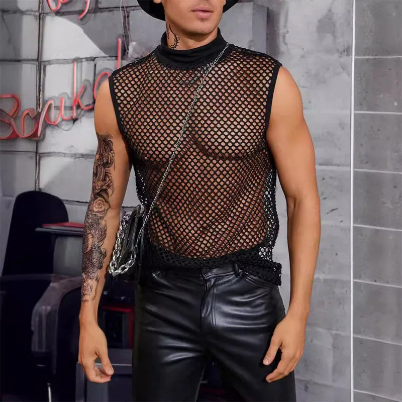 Men's Leather Stitching Net Shirt Motorcycle Leather Vest Top Sexy See-through Hooded Vest Muscular Men Fitness Vest Tank Top Me Festival Outfits | Techno Shirts | Rave Clothing