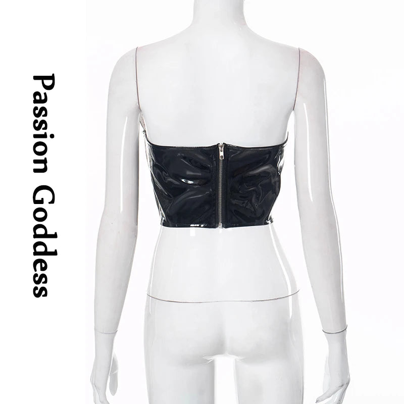 Sexy Frauen Shiny Gold Silber Bustier Crop Tops Helle PU Leder Krone Gürtel Abnehmen Taille Liebsten Low-cut Korsett top Sommer Festival Outfits | Techno Shirts | Rave Clothing