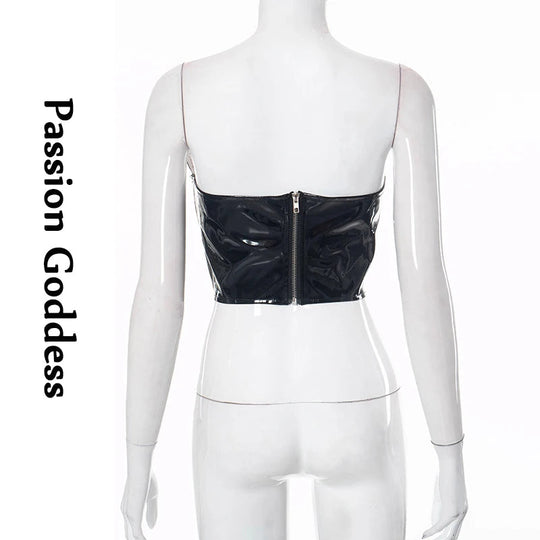 Sexy Frauen Shiny Gold Silber Bustier Crop Tops Helle PU Leder Krone Gürtel Abnehmen Taille Liebsten Low-cut Korsett top Sommer Festival Outfits | Techno Shirts | Rave Clothing