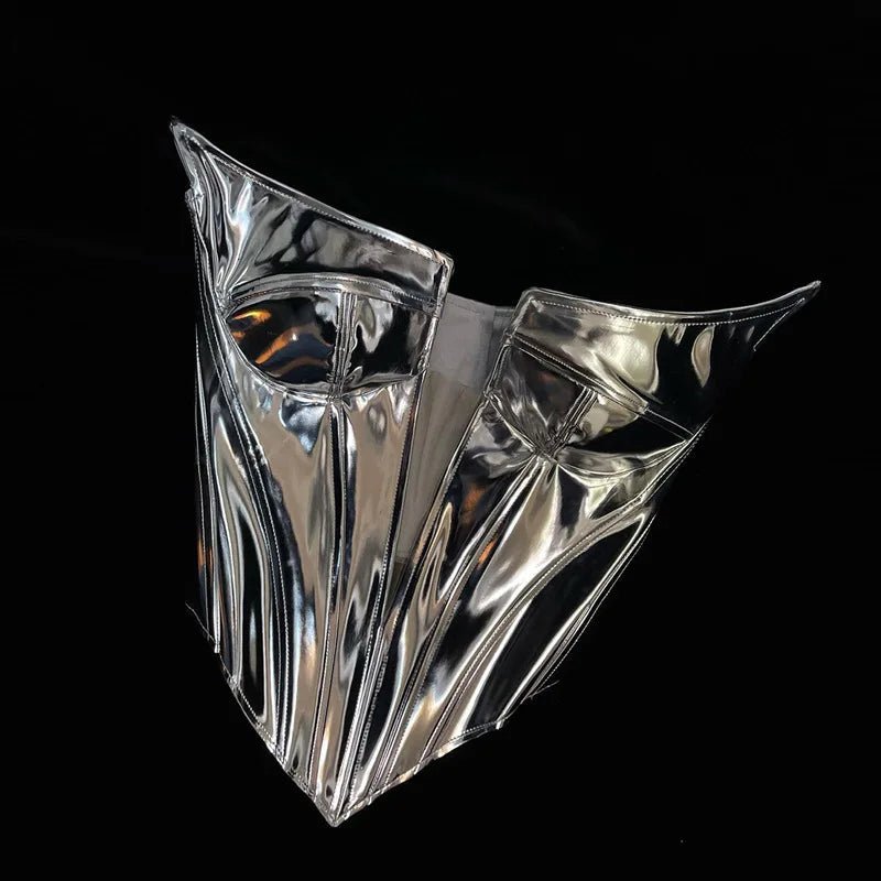 Sexy Frauen Shiny Gold Silber Bustier Crop Tops Helle PU Leder Krone Gürtel Abnehmen Taille Liebsten Low-cut Korsett top Sommer Festival Outfits | Techno Shirts | Rave Clothing