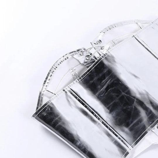 Sexy Frauen Shiny Gold Silber Bustier Crop Tops Helle PU Leder Krone Gürtel Abnehmen Taille Liebsten Low-cut Korsett top Sommer Festival Outfits | Techno Shirts | Rave Clothing