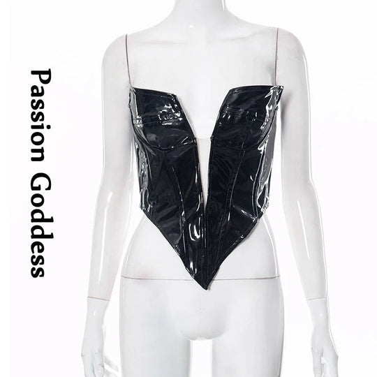 Sexy Frauen Shiny Gold Silber Bustier Crop Tops Helle PU Leder Krone Gürtel Abnehmen Taille Liebsten Low-cut Korsett top Sommer Festival Outfits | Techno Shirts | Rave Clothing