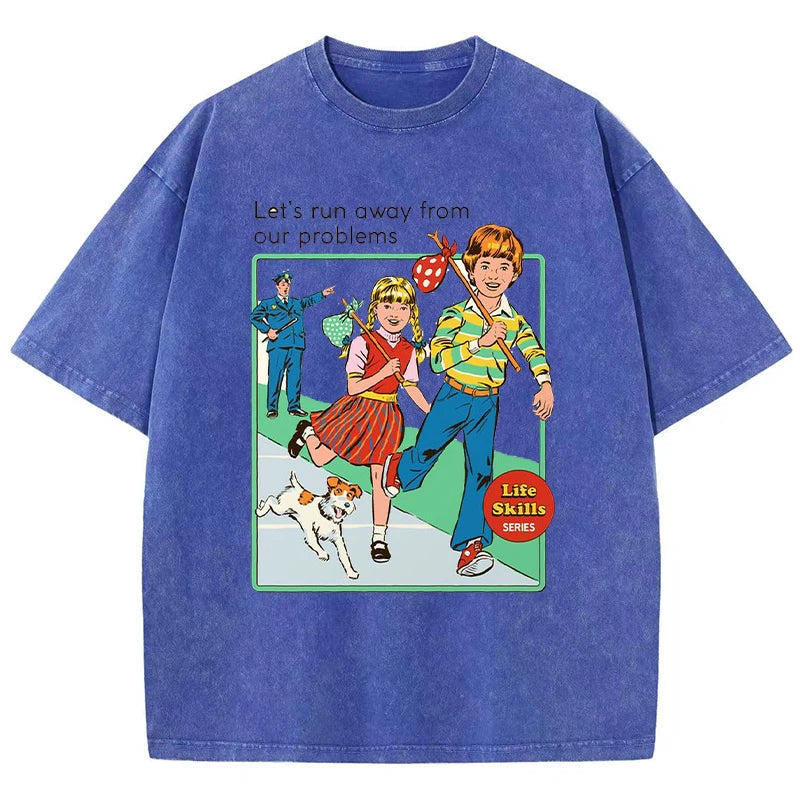 Let' Run Away From Our Problems Print Damen Distress T-Shirts Sommermode gewaschenes T-Shirt atmungsaktive T-Shirts weiche Kleidung Festival Outfits | Techno Shirts | Rave Clothing