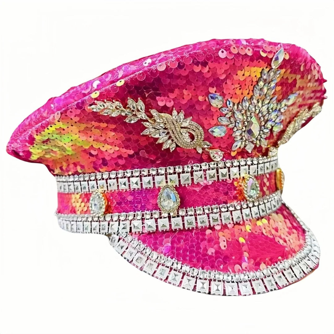 Luxury Festival Captain Hat Rhinestone Military Cap Sergeant Hat Mucis Festival Steampunk Caps for Unisex Adult Masquerade Festival Outfits | Techno Shirts | Rave Clothing