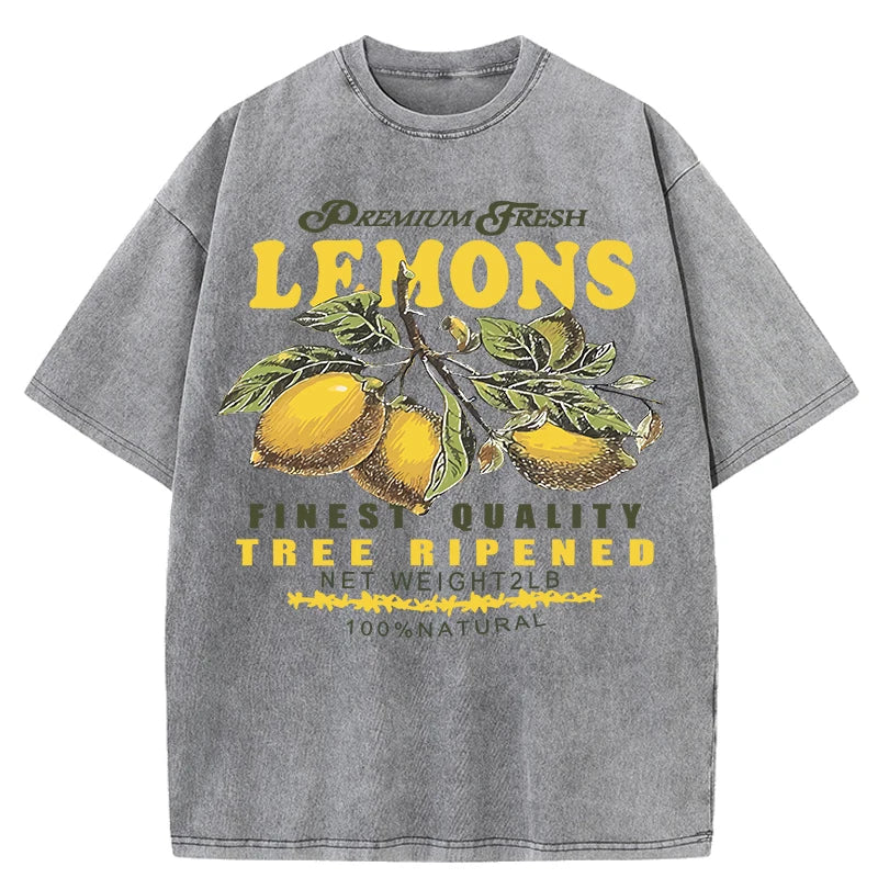 Premium Fresh Lemons Fruit Print Damen Washed T-Shirts Y2K Bequemes, kurzärmliges, lockeres All-Match-T-Shirt aus Baumwolle Hip-Hop-Top Festival Outfits | Techno Shirts | Rave Clothing