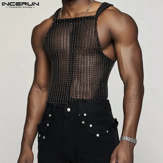 INCERUN Tops 2025 American Style Fashion Men Sparkling Fabric Stripe Perspective Mesh Vests Casual Clubwear Male Thin Tank Tops Festival Outfits | Techno Shirts | Rave Clothing