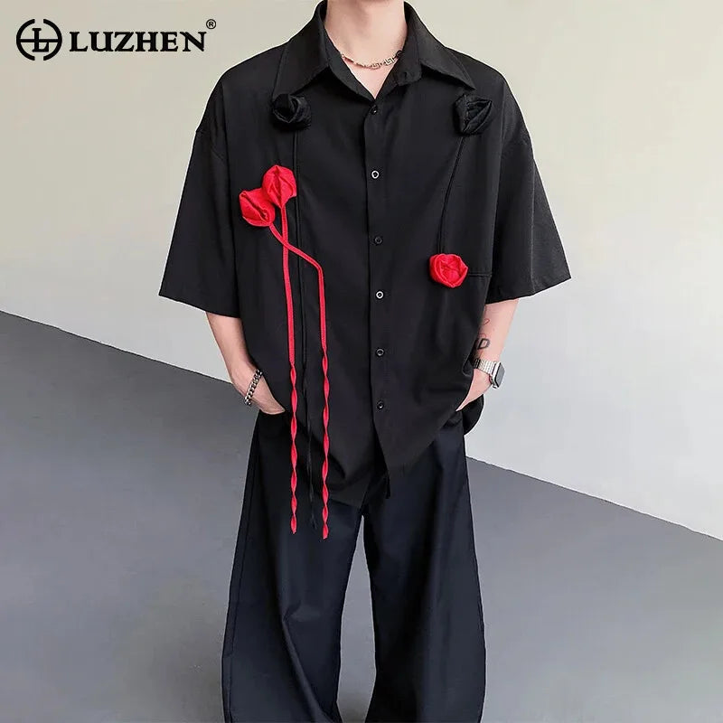 LUZHEN Original Dreidimensionale Patchwork Design Elegante Kurzarm Tops Männer der 2025 Sommer Trendy Lose Beiläufige Tops JY1625 Festival Outfits | Techno Shirts | Rave Clothing