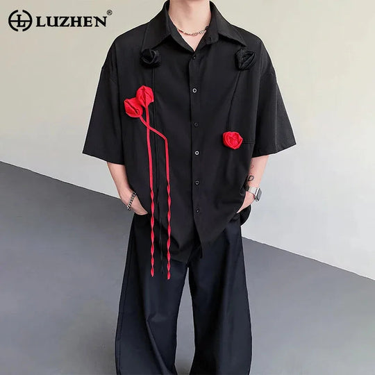 LUZHEN Original Dreidimensionale Patchwork Design Elegante Kurzarm Tops Männer der 2025 Sommer Trendy Lose Beiläufige Tops JY1625 Festival Outfits | Techno Shirts | Rave Clothing