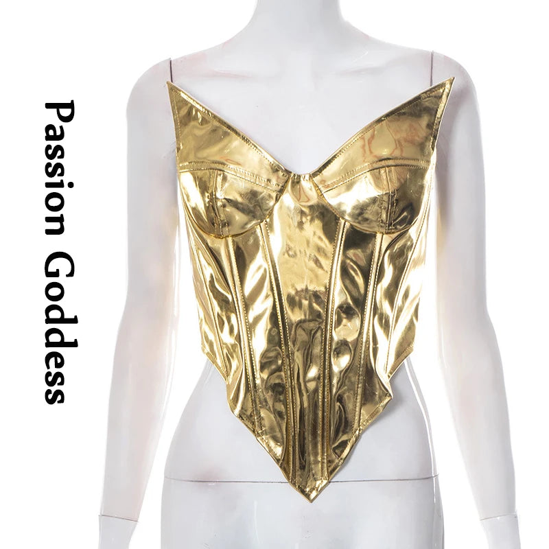 Sexy Frauen Shiny Gold Silber Bustier Crop Tops Helle PU Leder Krone Gürtel Abnehmen Taille Liebsten Low-cut Korsett top Sommer Festival Outfits | Techno Shirts | Rave Clothing