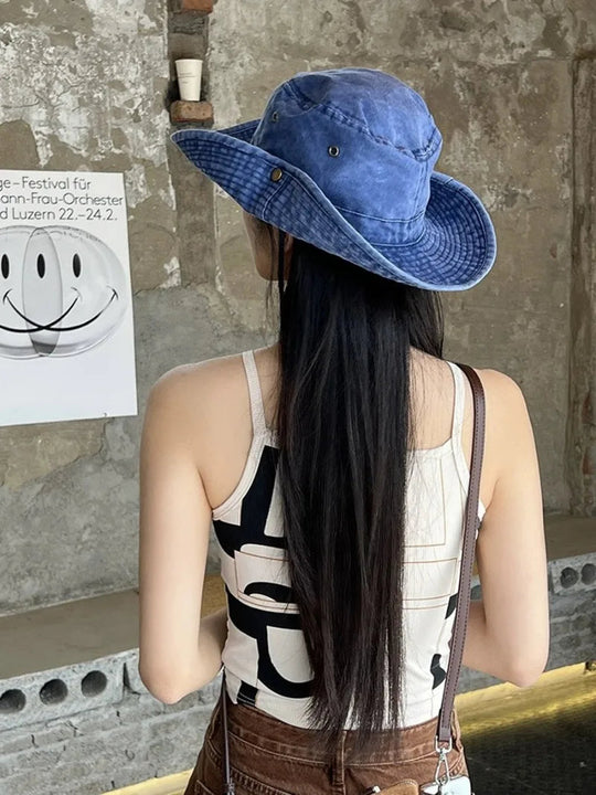 2025 Blaue Cowboy-Wander-Eimerhüte mit Schnur, Herren-Denim-Strand-Sonnenhut für Damen, Outdoor, Paar, Bob, Panama, Sommer-Fischerkappe Festival Outfits | Techno Shirts | Rave Clothing