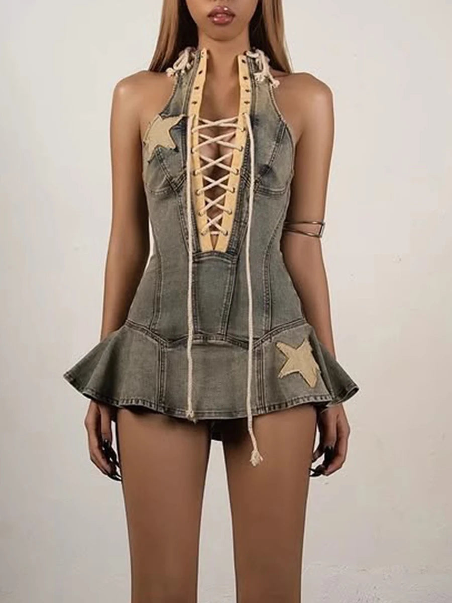 TWOTWINSTYLE Gespleißt Spitze Up Abnehmen Kleider Für Frauen O Hals Ärmellose Hohe Taille Temperament Mini Kleid Weibliche Mode Stil Festival Outfits | Techno Shirts | Rave Clothing