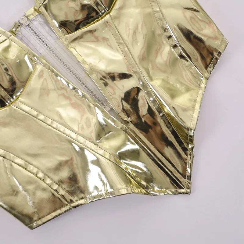Sexy Frauen Shiny Gold Silber Bustier Crop Tops Helle PU Leder Krone Gürtel Abnehmen Taille Liebsten Low-cut Korsett top Sommer Festival Outfits | Techno Shirts | Rave Clothing