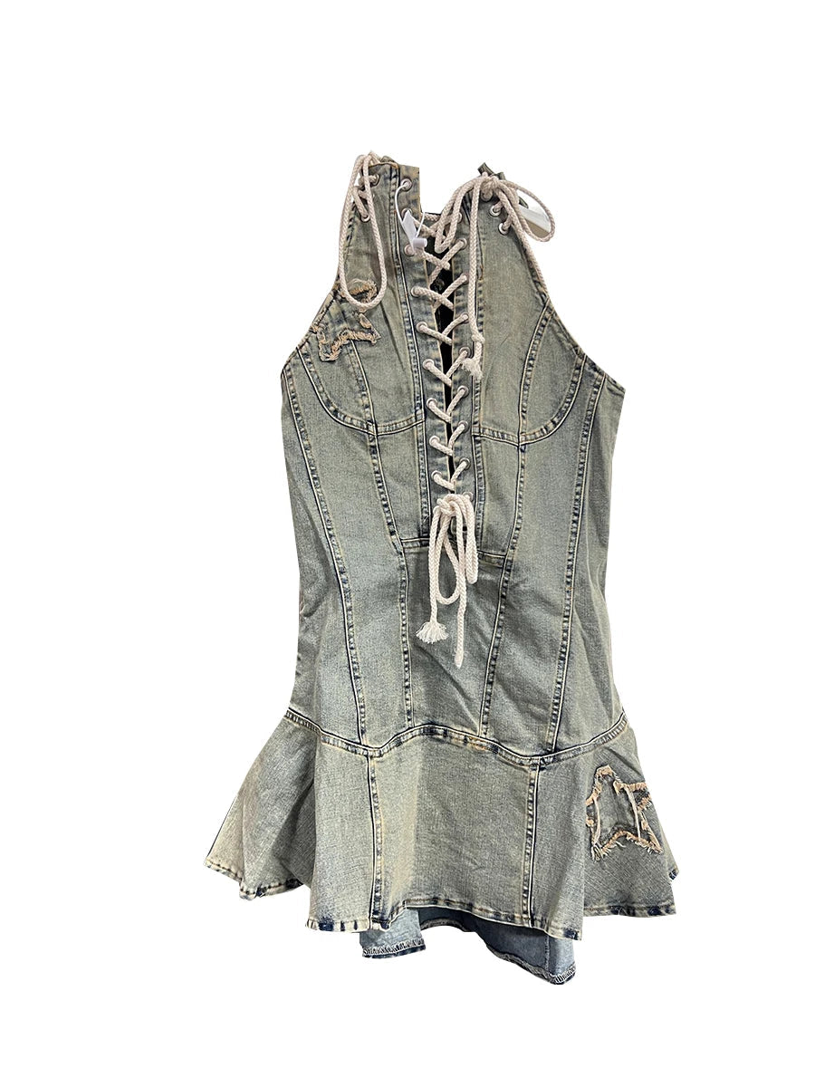 TWOTWINSTYLE Gespleißt Spitze Up Abnehmen Kleider Für Frauen O Hals Ärmellose Hohe Taille Temperament Mini Kleid Weibliche Mode Stil Festival Outfits | Techno Shirts | Rave Clothing