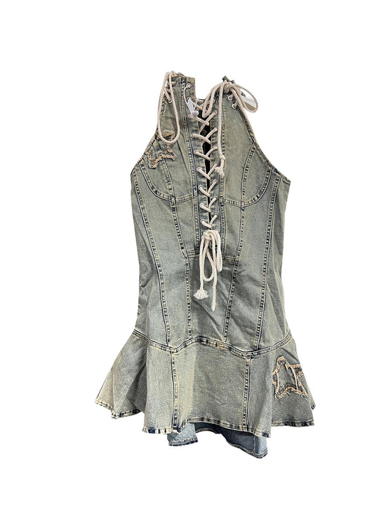 TWOTWINSTYLE Gespleißt Spitze Up Abnehmen Kleider Für Frauen O Hals Ärmellose Hohe Taille Temperament Mini Kleid Weibliche Mode Stil Festival Outfits | Techno Shirts | Rave Clothing