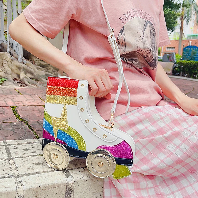 Fun Rainbow Glitter Roller Skate Women Handbag for Girls Novelty Rollerblade Crossbody and Pures Dazzing Daily Shoulder Bag Gift Festival Outfits | Techno Shirts | Rave Clothing