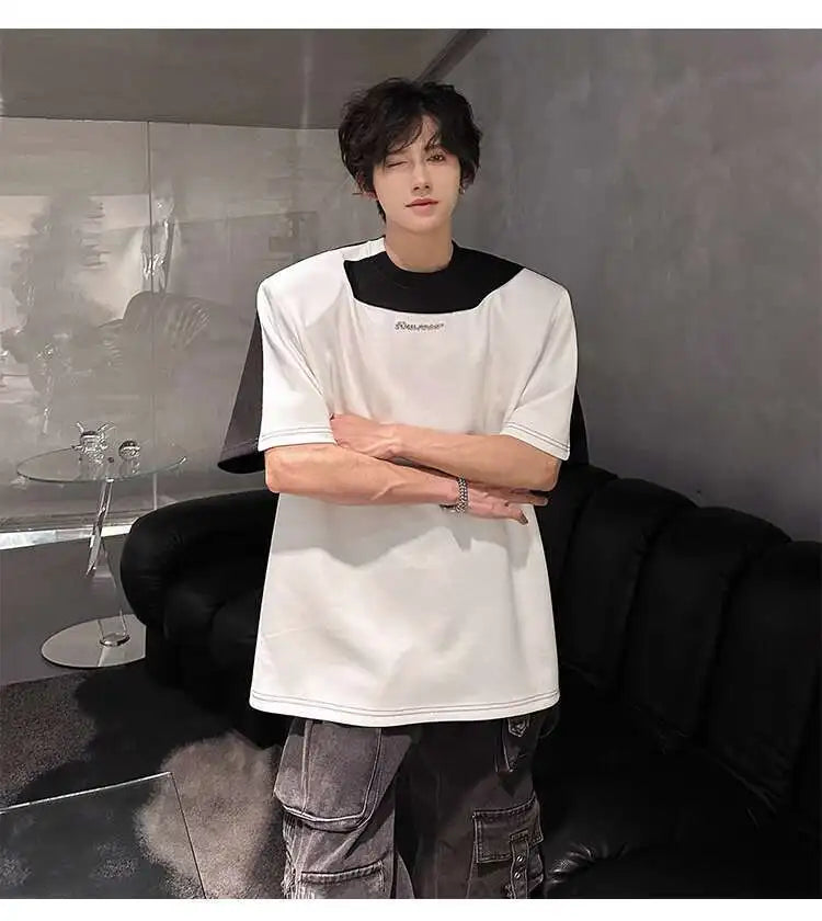 LUZHEN Original Personalisierte Farbe Kontrast Design Kurzarm T-shirts 2025, Sommer Hübsche Schulter Pad Casual Tops JY1473 Festival Outfits | Techno Shirts | Rave Clothing