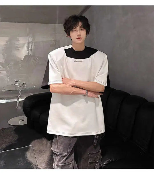 LUZHEN Original Personalisierte Farbe Kontrast Design Kurzarm T-shirts 2025, Sommer Hübsche Schulter Pad Casual Tops JY1473 Festival Outfits | Techno Shirts | Rave Clothing