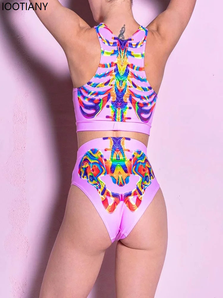 Halloween Schädel drucken Cosplay Kostüm Frauen sexy Schädel Nabel Top Shorts Festival Party bunte psyche delische Dress Up Rave Outfit Festival Outfits | Techno Shirts | Rave Clothing