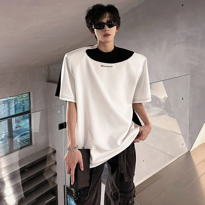 LUZHEN Original Personalisierte Farbe Kontrast Design Kurzarm T-shirts 2025, Sommer Hübsche Schulter Pad Casual Tops JY1473 Festival Outfits | Techno Shirts | Rave Clothing