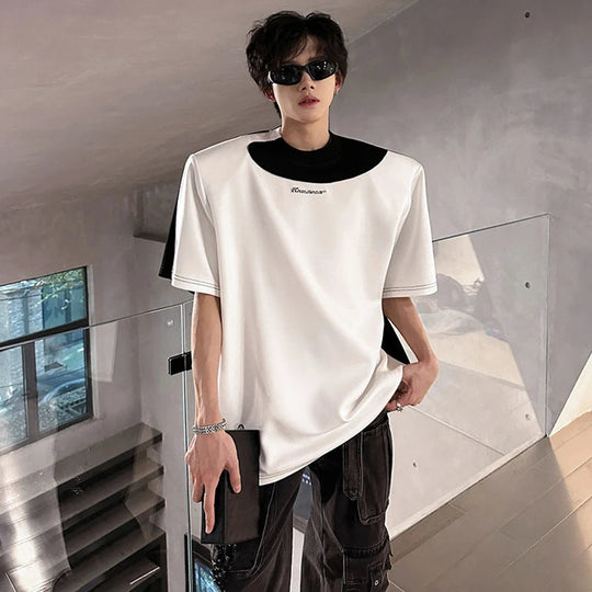 LUZHEN Original Personalisierte Farbe Kontrast Design Kurzarm T-shirts 2025, Sommer Hübsche Schulter Pad Casual Tops JY1473 Festival Outfits | Techno Shirts | Rave Clothing