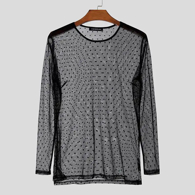 INCERUN Men T Shirt Polka Dot Printing Mesh Transparent O-neck Long Sleeve Men Clothing Streetwear 2024 Fashion Party Camisetas Festival Outfits | Techno Shirts | Rave Clothing