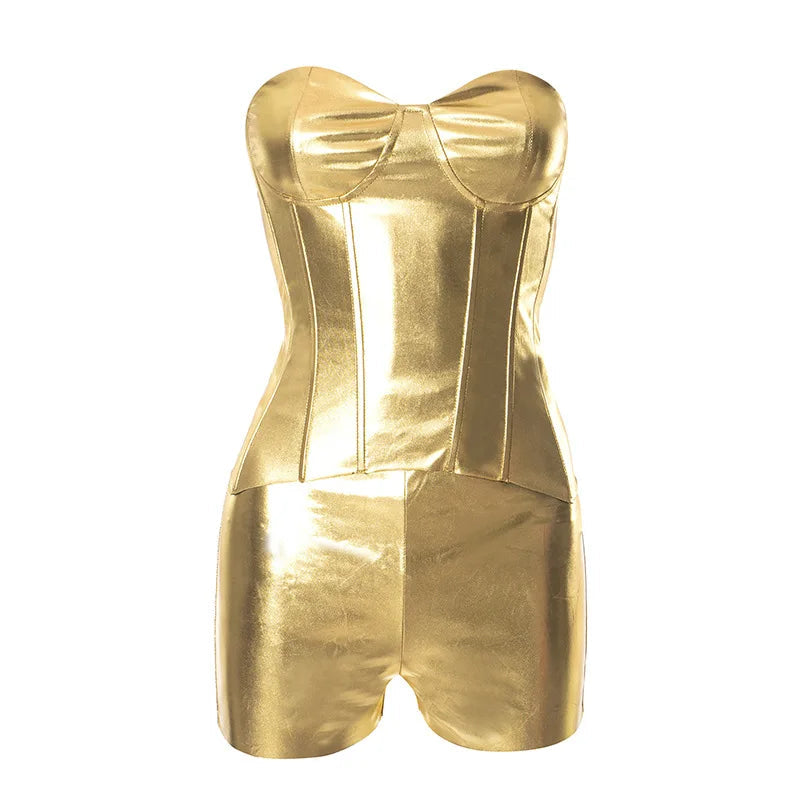 Sexy Frauen Shiny Gold Silber Bustier Crop Tops Helle PU Leder Krone Gürtel Abnehmen Taille Liebsten Low-cut Korsett top Sommer Festival Outfits | Techno Shirts | Rave Clothing