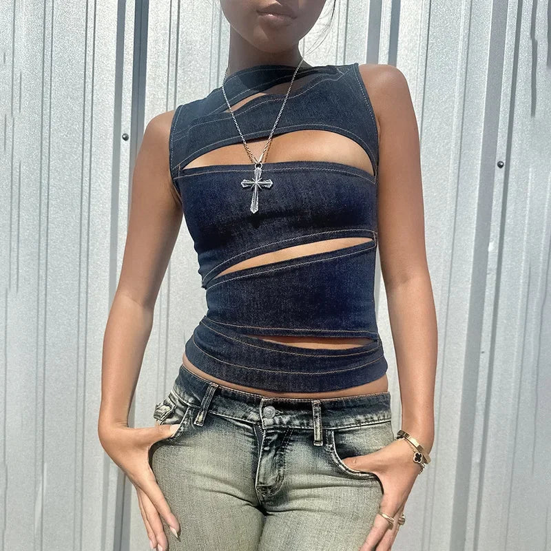 Talenza Damen-Weste, ärmellos, Rundhalsausschnitt, Sommer, einfarbig, hohl, schmale Weste, Top, modisch, sexy Streetwear, Damen, schmale Weste Festival Outfits | Techno Shirts | Rave Clothing