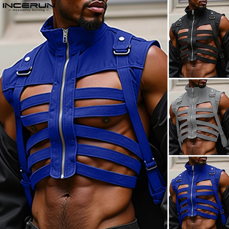INCERUN 2024 Mens Tops Stylish Hot Sale Deconstruction Design Vests Sexy Male Personality Hollow Solid Cropped Zipper Waistcoats Festival Outfits | Techno Shirts | Rave Clothing