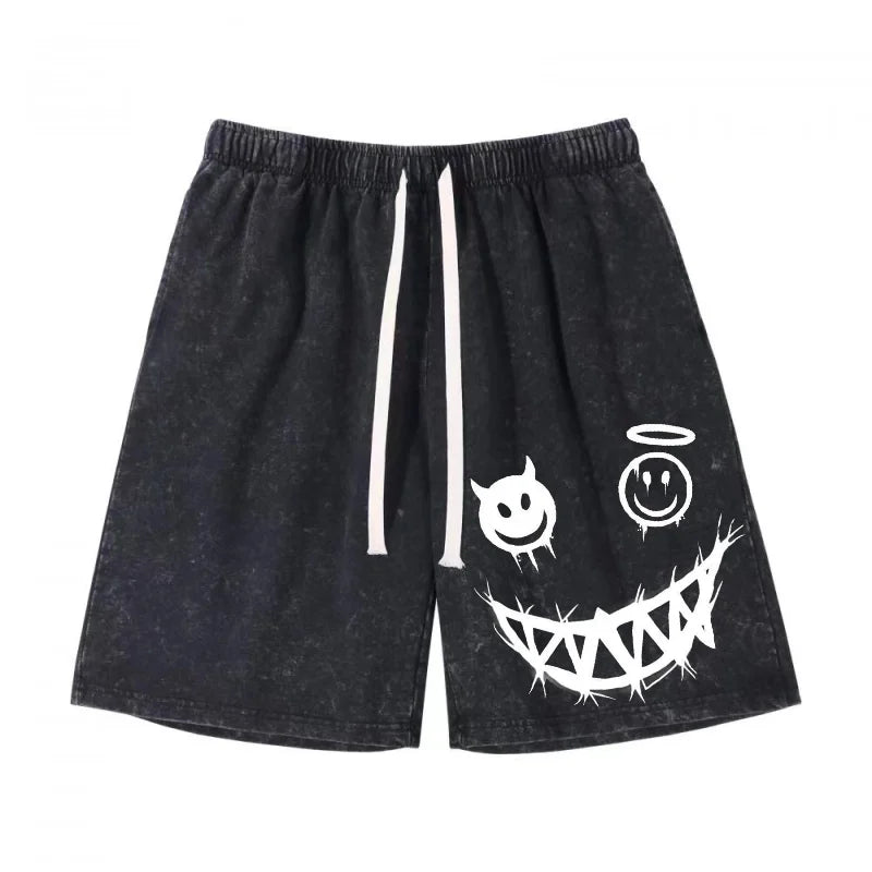 Kurze Sporthose für Herren, Angel&Ghost, bedruckt, gewaschene Säur-Shorts, lockeres gerades Bein, atmungsaktiv, neuer Modetrend, lässig, S-XXL Festival Outfits | Techno Shirts | Rave Clothing