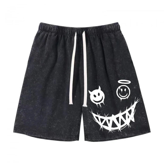 Kurze Sporthose für Herren, Angel&Ghost, bedruckt, gewaschene Säur-Shorts, lockeres gerades Bein, atmungsaktiv, neuer Modetrend, lässig, S-XXL Festival Outfits | Techno Shirts | Rave Clothing