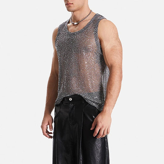 2024 Summer New Fashion Glitter Sequin Tank Tops Men Sexy Partywear Hollow Out Transparent Camisoles Mens Vintage Mesh Vest Top Festival Outfits | Techno Shirts | Rave Clothing