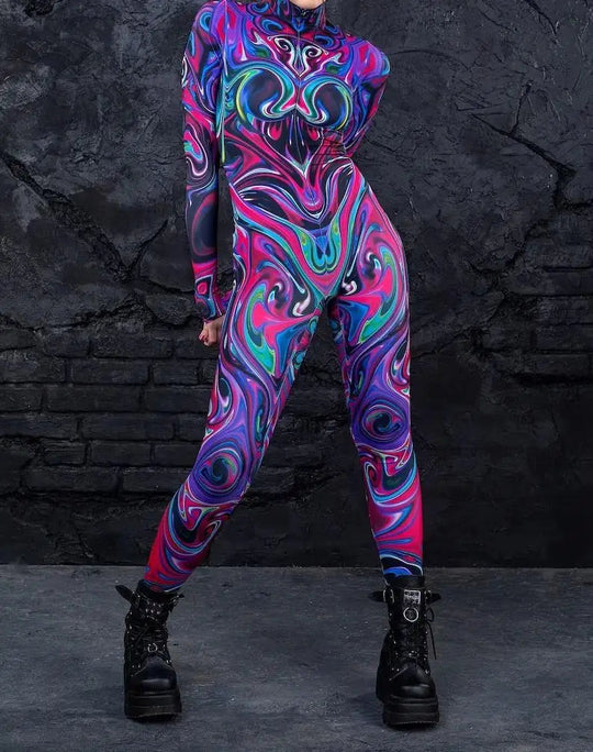 Colorful 3D Printing Women Holiday Party Cyber Punk Rainbow Jumpsuit Onesie Halloween Cosplay Costume Elastic Bodysuit Romper Festival Outfits | Techno Shirts | Rave Clothing