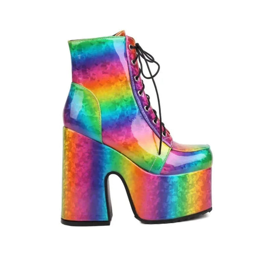 Frauen Regenbogen Stiefel bunte Farbverlauf Schnür plattform Gothic Halloween Fledermaus Schuhe High Heels Winter warme Knöchel Motorrad Stiefel Festival Outfits | Techno Shirts | Rave Clothing