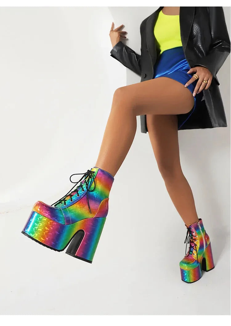 Frauen Regenbogen Stiefel bunte Farbverlauf Schnür plattform Gothic Halloween Fledermaus Schuhe High Heels Winter warme Knöchel Motorrad Stiefel Festival Outfits | Techno Shirts | Rave Clothing