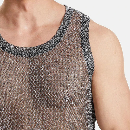 2024 Summer New Fashion Glitter Sequin Tank Tops Men Sexy Partywear Hollow Out Transparent Camisoles Mens Vintage Mesh Vest Top Festival Outfits | Techno Shirts | Rave Clothing
