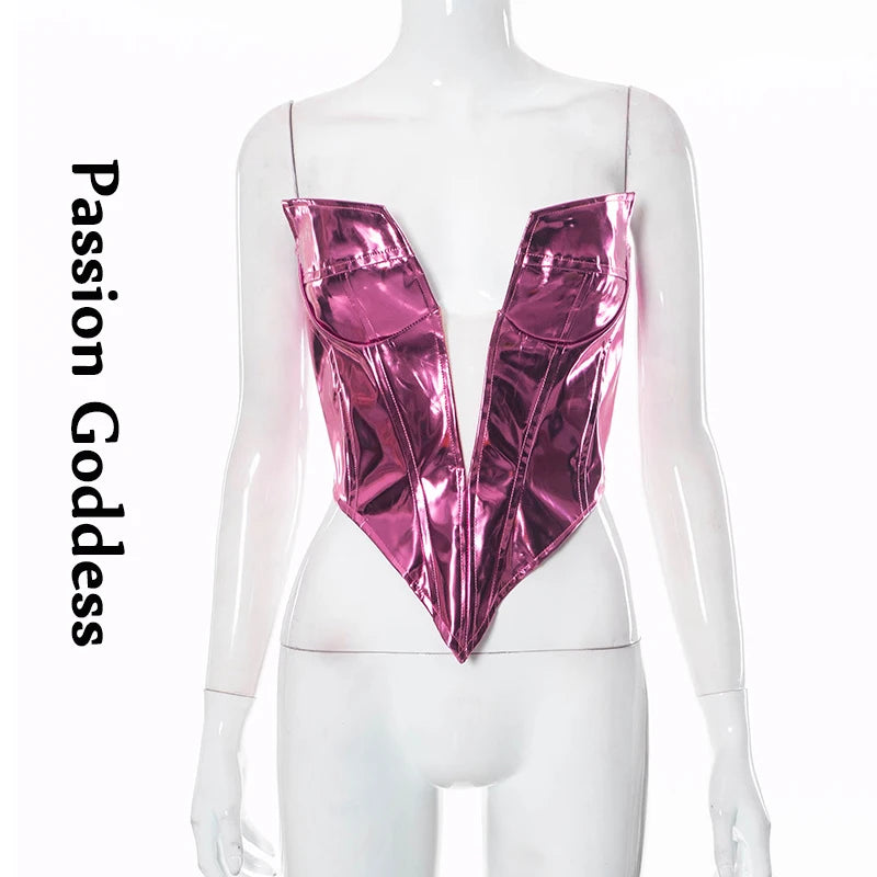 Sexy Frauen Shiny Gold Silber Bustier Crop Tops Helle PU Leder Krone Gürtel Abnehmen Taille Liebsten Low-cut Korsett top Sommer Festival Outfits | Techno Shirts | Rave Clothing