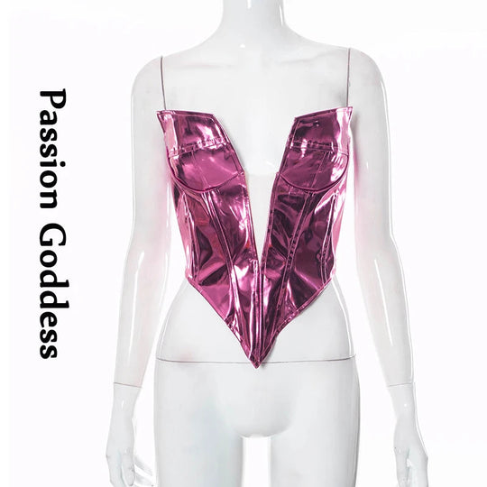 Sexy Frauen Shiny Gold Silber Bustier Crop Tops Helle PU Leder Krone Gürtel Abnehmen Taille Liebsten Low-cut Korsett top Sommer Festival Outfits | Techno Shirts | Rave Clothing