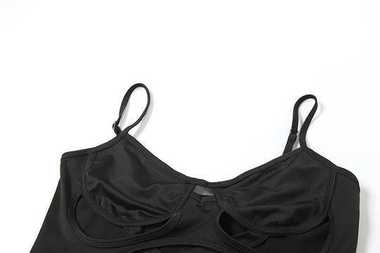 Schwarze Bandage aushöhlen Sexy Cyber Y2k Bodys Gothic Techwear Mesh Patchwork Tops weibliche Handschuh Ärmel Mock Neck Bodysuit Festival Outfits | Techno Shirts | Rave Clothing