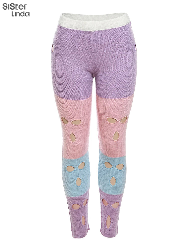 Sister linda gestrickte hipster chic y2k hohle hose frauen zerrissen elastische hohe taille lässige basi hose weibliche hosen streetwear FESTIVAL OUTFITS & STREETWEAR