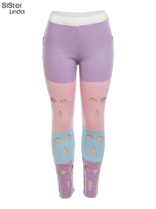 Sister linda gestrickte hipster chic y2k hohle hose frauen zerrissen elastische hohe taille lässige basi hose weibliche hosen streetwear FESTIVAL OUTFITS & STREETWEAR