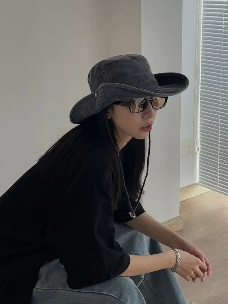 2025 Blaue Cowboy-Wander-Eimerhüte mit Schnur, Herren-Denim-Strand-Sonnenhut für Damen, Outdoor, Paar, Bob, Panama, Sommer-Fischerkappe Festival Outfits | Techno Shirts | Rave Clothing