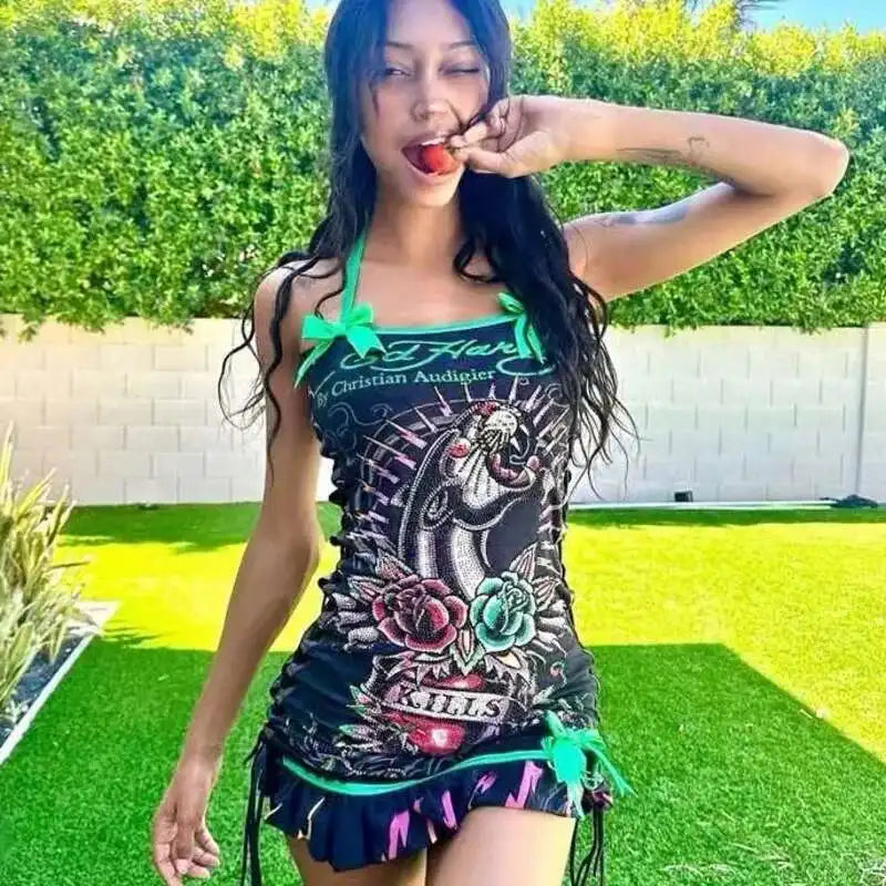 Totenkopf bedruckte Gothic-Minikleider für Damen, Schnürung, Neckholder, sexy Kleider, Slash-Ausschnitt, Y2k-Partykleider, A-Linie, figurbetontes Kleid für Damen Festival Outfits | Techno Shirts | Rave Clothing