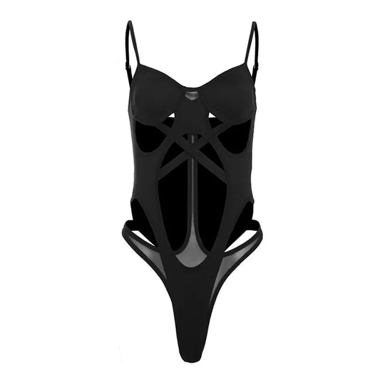 Schwarze Bandage aushöhlen Sexy Cyber Y2k Bodys Gothic Techwear Mesh Patchwork Tops weibliche Handschuh Ärmel Mock Neck Bodysuit Festival Outfits | Techno Shirts | Rave Clothing