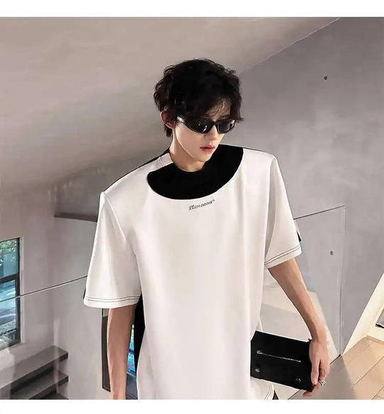 LUZHEN Original Personalisierte Farbe Kontrast Design Kurzarm T-shirts 2025, Sommer Hübsche Schulter Pad Casual Tops JY1473 Festival Outfits | Techno Shirts | Rave Clothing