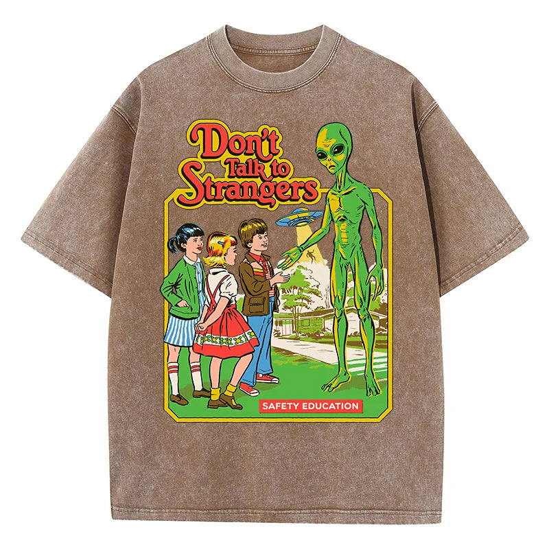 Cartoon Alien Klassische Kommunikation Druck Frauen T-shirt Atmungsaktive Baumwolle Kurzarm Gewaschen Vintage Abgenutzt Weibliche T Shirts Festival Outfits | Techno Shirts | Rave Clothing